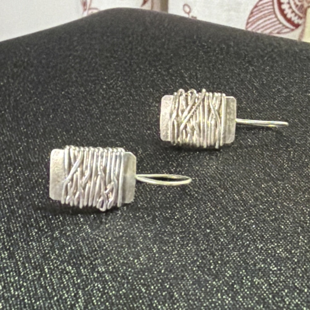 Sterling Silver Wire Wrap Square Hook Earrings Artisan Made Tested 925